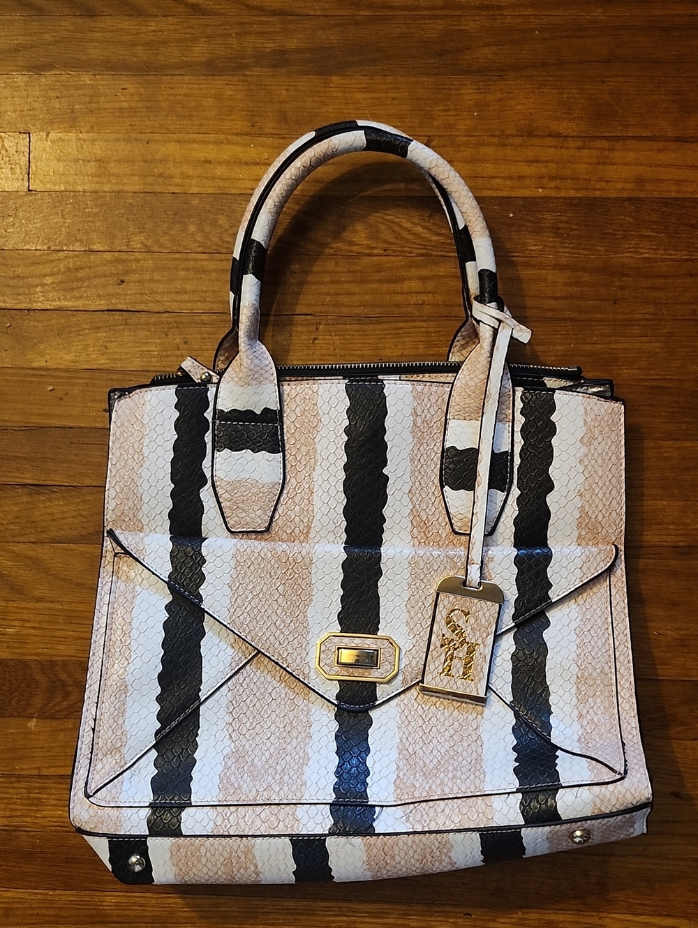 Steve Harvey Striped Beige, Black & White Structured Tote Bag